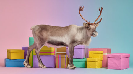 A charming reindeer stands gracefully beside an assortment of brightly colored gift boxes, creating a fun and festive atmosphere perfect for holiday celebrations and promotions.の素材