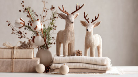 Capture the essence of the season with these charming wooden deer figurines surrounded by natural elements, perfect for enhancing festive home decor and gifting.の素材