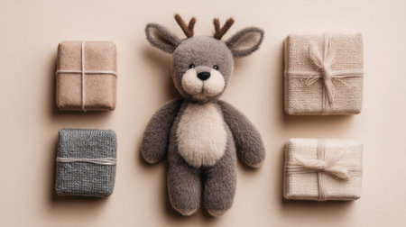 This adorable plush deer toy is surrounded by beautifully wrapped presents, creating a warm and festive atmosphere perfect for gift-giving and cozy celebrations.の素材