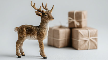 A charming deer figurine stands next to beautifully wrapped presents, evoking the spirit of the holiday season and adding a touch of warmth to any festive display.の素材
