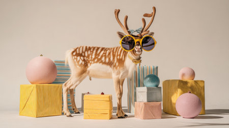 A stylish deer wears oversized sunglasses, standing next to bright gifts and decor, creating a whimsical atmosphere perfect for holiday-themed projects or promotions.の素材