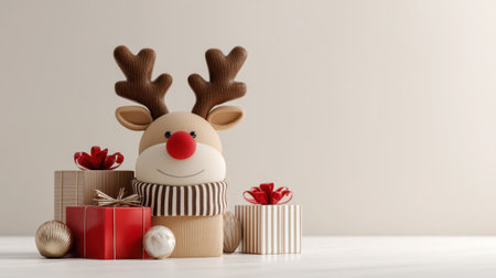 Adorable cartoon reindeer with big antlers sits beside wrapped presents, creating a charming holiday ambiance. Ideal for Christmas-themed projects and decorations.の素材