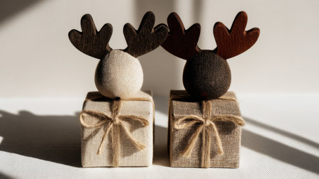Charming wooden reindeer with antlers placed on natural gift boxes create a cozy and festive home decor setting, perfect for the holiday season or special occasions.の素材