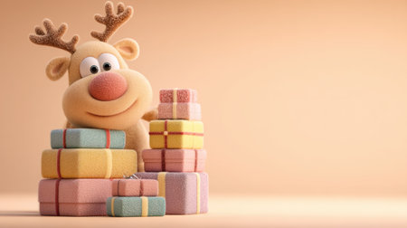 Adorable cartoon reindeer character with joyful expression sits next to vibrant pastel gift boxes on a gentle peach background, perfect for festive themes.の素材