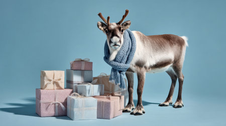 A delightful reindeer stands beside beautifully wrapped gift boxes in a playful arrangement. The background creates a whimsical holiday atmosphere perfect for festive projects.の素材