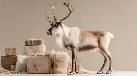 A majestic reindeer stands gracefully next to elegant gifts, creating a captivating scene that evokes warmth and joy, perfect for holiday-themed projects.の素材