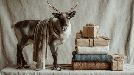 A charming reindeer draped in a soft scarf stands next to a stack of neatly wrapped gifts, creating a cozy and festive atmosphere perfect for winter celebrations.の素材