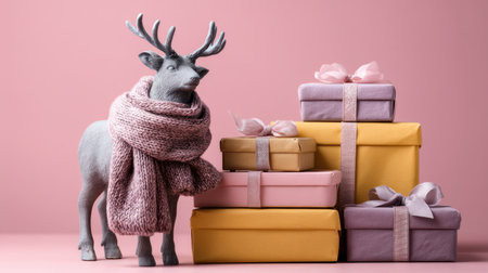 A charming gray reindeer sculpture dressed in a cozy scarf stands beside beautifully wrapped gifts in pastel colors against a soft pink backdrop, ideal for holiday themes.の素材