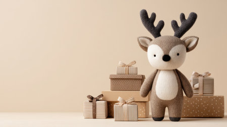 Charming stuffed deer toy stands proudly next to elegantly wrapped gifts, creating a whimsical holiday ambiance filled with joy and warmth, ideal for family celebrations.の素材
