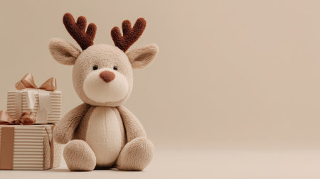 A charming plush reindeer toy with soft antlers sits next to beautifully wrapped gifts on a neutral background, perfect for capturing the spirit of holidays and joy.の素材