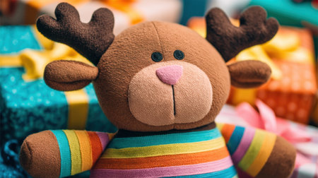 This charming plush reindeer toy features soft antlers and a colorful striped sweater, perfect for adding a festive touch to holiday celebrations and gift-giving.の素材