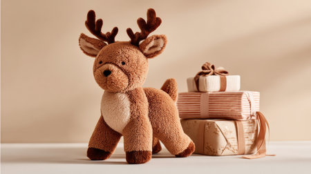 This adorable plush reindeer toy stands next to beautifully wrapped gifts, creating a festive and warm atmosphere perfect for holiday celebrations and family gatherings.の素材