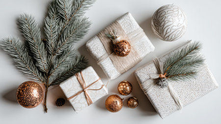 This image showcases a beautifully arranged set of gift boxes adorned with ribbons and surrounded by shiny ornaments and evergreen sprigs, perfect for holiday themes.の素材