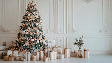 A beautifully decorated Christmas tree stands in an elegant interior, surrounded by neatly wrapped gifts, creating a warm and festive atmosphere for holiday celebrations.の素材