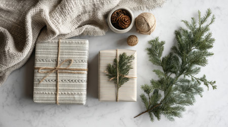 Discover an elegant arrangement of beautifully wrapped gifts adorned with natural elements, perfect for adding a cozy and festive touch to your holiday celebrations.の素材