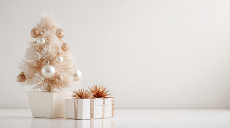 A charming white Christmas tree with golden ornaments sits beside beautifully wrapped gifts, creating a serene and festive atmosphere for the holiday season.の素材