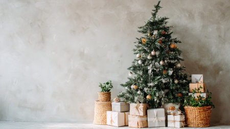 A beautifully decorated Christmas tree stands beside an arrangement of wrapped gifts and potted plants, creating a cozy holiday atmosphere in a neutral setting.の素材