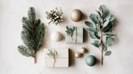 A beautiful flat lay of holiday decorations featuring pine branches, elegant gift boxes, and colorful ornaments. Perfect for capturing seasonal cheer and warmth.の素材