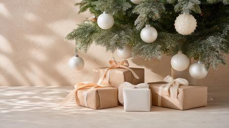 A serene Christmas scene showcasing a beautifully decorated tree with white ornaments surrounded by stylishly wrapped gifts, perfect for holiday inspiration.の素材