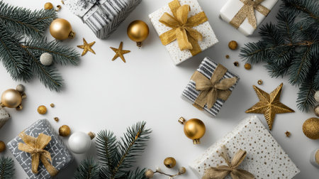 Capture the essence of the holiday season with this beautiful arrangement of Christmas gifts, elegant ornaments, and lush greenery on a clean white background.の素材