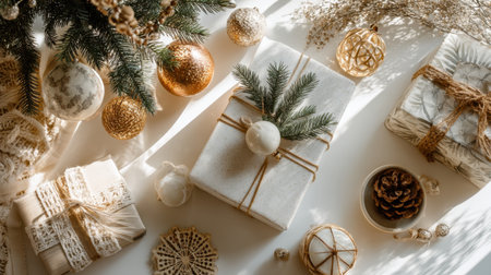 A beautiful flat lay of elegantly wrapped Christmas gifts surrounded by gold and white ornaments and pine branches, creating a warm holiday ambiance.の素材