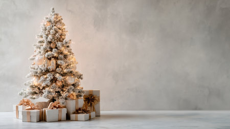 A stunning snow-covered Christmas tree brings warmth and joy to any space, beautifully lit and complemented by elegant presents, creating a perfect holiday atmosphere.の素材