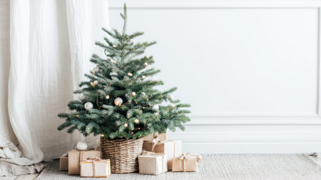 A charming Christmas tree stands gracefully in a warm indoor space, surrounded by neatly wrapped gifts, creating a delightful holiday atmosphere filled with joy.の素材