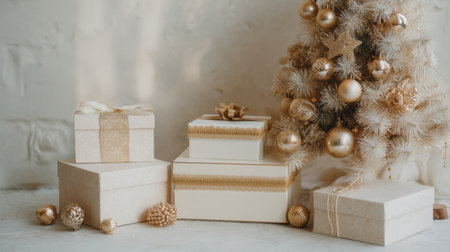 A stunning arrangement of elegant Christmas presents with golden accents beside a beautifully decorated tree, perfect for capturing the essence of holiday joy and celebration.の素材