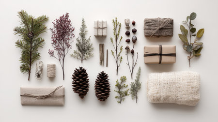 Discover a serene arrangement of natural gift-wrapping materials that evoke a sense of eco-friendliness and elegance during the holiday season.の素材