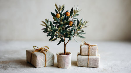 A charming olive tree in a simple pot adds a touch of nature, framed by neatly wrapped gifts. This serene composition is perfect for holiday and celebration inspirations.の素材