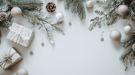 A beautiful festive arrangement featuring neatly wrapped gift boxes, elegant ornaments, and natural pine sprigs, perfect for holiday celebrations and decorative ideas.の素材