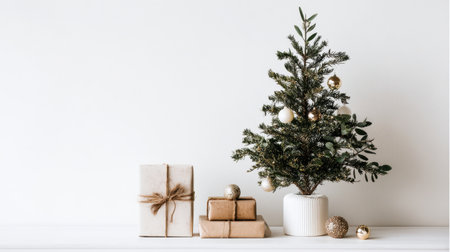 This cozy Christmas scene features a beautifully decorated mini Christmas tree beside wrapped gifts, perfect for holiday promotions, festive greetings, and seasonal designs.の素材