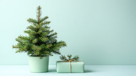 A charming indoor setup featuring a small evergreen tree in a pastel pot beside a beautifully wrapped gift, perfect for creating a festive and cozy atmosphere.の素材