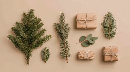 A serene arrangement featuring natural greenery and wrapped brown gift packages on a soft beige background, perfect for holiday themes and seasonal celebrations.の素材