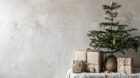 A serene Christmas setting featuring a beautifully decorated tree, charmingly wrapped presents, and an inviting neutral backdrop, perfect for holiday themes and celebrations.の素材