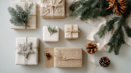 An aesthetically pleasing arrangement of elegantly wrapped holiday gifts in various sizes, accented with pine cones and evergreen sprigs, perfect for festive themes.の素材