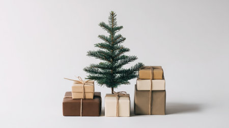 A charming display featuring a small Christmas tree surrounded by beautifully wrapped gifts in warm earthy tones, perfect for holiday decoration and celebration.の素材