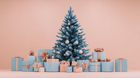 A charming blue Christmas tree adorned with delicate ornaments and surrounded by pastel-wrapped gifts creates a warm and cheerful holiday scene. Perfect for festive inspirations.の素材