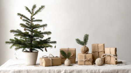 A charming Christmas display featuring a small tree alongside neatly wrapped gifts in neutral tones, creating a warm and inviting atmosphere perfect for celebrations.の素材