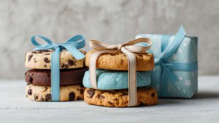 A visually appealing arrangement of stacked cookies adorned with colorful ribbons, perfect for occasions. Ideal for food photography and culinary inspiration.の素材