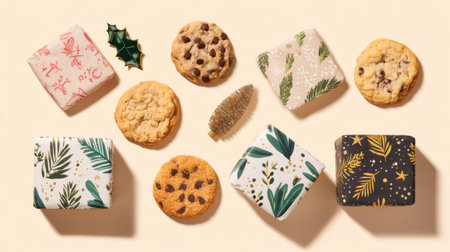 A delightful arrangement of cookies paired with charming gift wraps and seasonal decorations. Perfect for festive gatherings, celebrations, and joyful moments.の素材