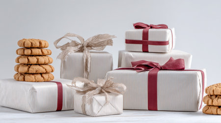 A visually appealing arrangement of elegantly wrapped gifts accompanied by delicious cookies, perfect for showcasing holiday spirit and festive celebrations.の素材