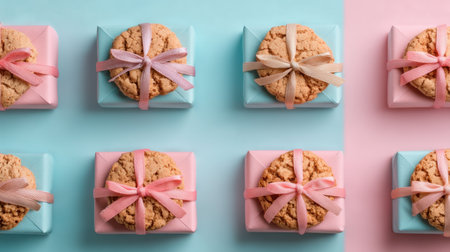 A delightful arrangement of colorful gift boxes topped with cookies and ribbons, perfect for celebrations, events, and sweet moments with friends and family.の素材