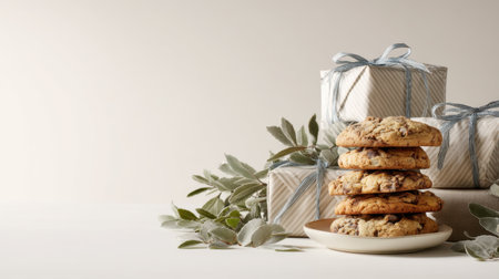 A delightful arrangement featuring freshly baked cookies stacked on a plate beside beautifully wrapped gifts and olive leaves, creating a warm, inviting atmosphere.の素材
