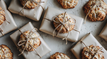 Enjoy a delightful scene featuring homemade cookies beautifully arranged on wrapped gifts. Perfect for celebrations, showcasing cozy and inviting holiday treats.の素材