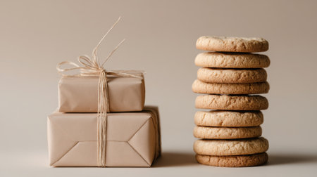 A charming arrangement featuring freshly baked cookies stacked beside elegantly wrapped gift packages, set against a soft neutral background, evoking warmth and delight.の素材