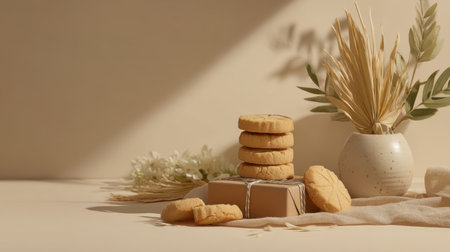 A charming still life showcasing soft golden cookies stacked next to a beautiful vase filled with dried plants, creating an inviting and warm ambiance.の素材