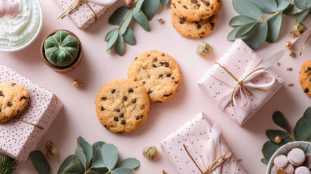 A charming arrangement of freshly baked chocolate chip cookies placed among elegant gifts and eucalyptus leaves on a soft pink surface, perfect for celebrations.の素材
