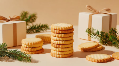 A charming scene featuring a stack of freshly baked cookies beside elegantly wrapped gifts and natural pine branches, perfect for festive celebrations.の素材