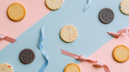 A stylish flat lay image featuring an assortment of colorful cookies and delicate ribbons set against a soft pastel background, ideal for baking and dessert themes.の素材